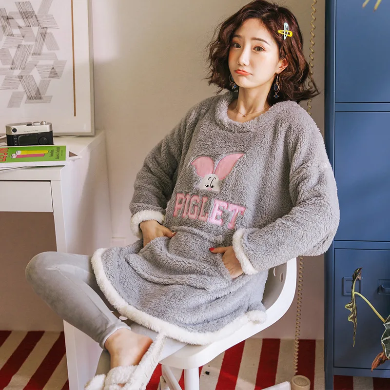 

New Round Neck Pajamas Women Autumn Winter Gray Two Sets of Leisure Loose Island Velvet Suit Animal Cartoon Rabbit Home Service