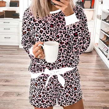 

2020 Summer Women Two Piece Set Leisure Home Wear Suit Loose Long Sleeve Tops+Lace-up Shorts Tracksuit Pullover Tops