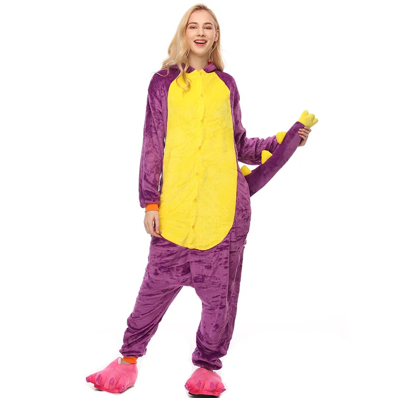 

Animal Kigurumis Onesies Homewear Adult Cartoon Purple Dragon Women Pajama Rompers Winter Sleepwear Onepiece Unisex Clothing