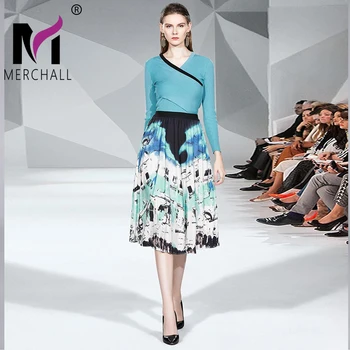 

Fashion OL Work wear V-neck Cross Design Long-sleeved Sweater and Ink graffiti print Pleated Long Maix Skirt Two piece set Women