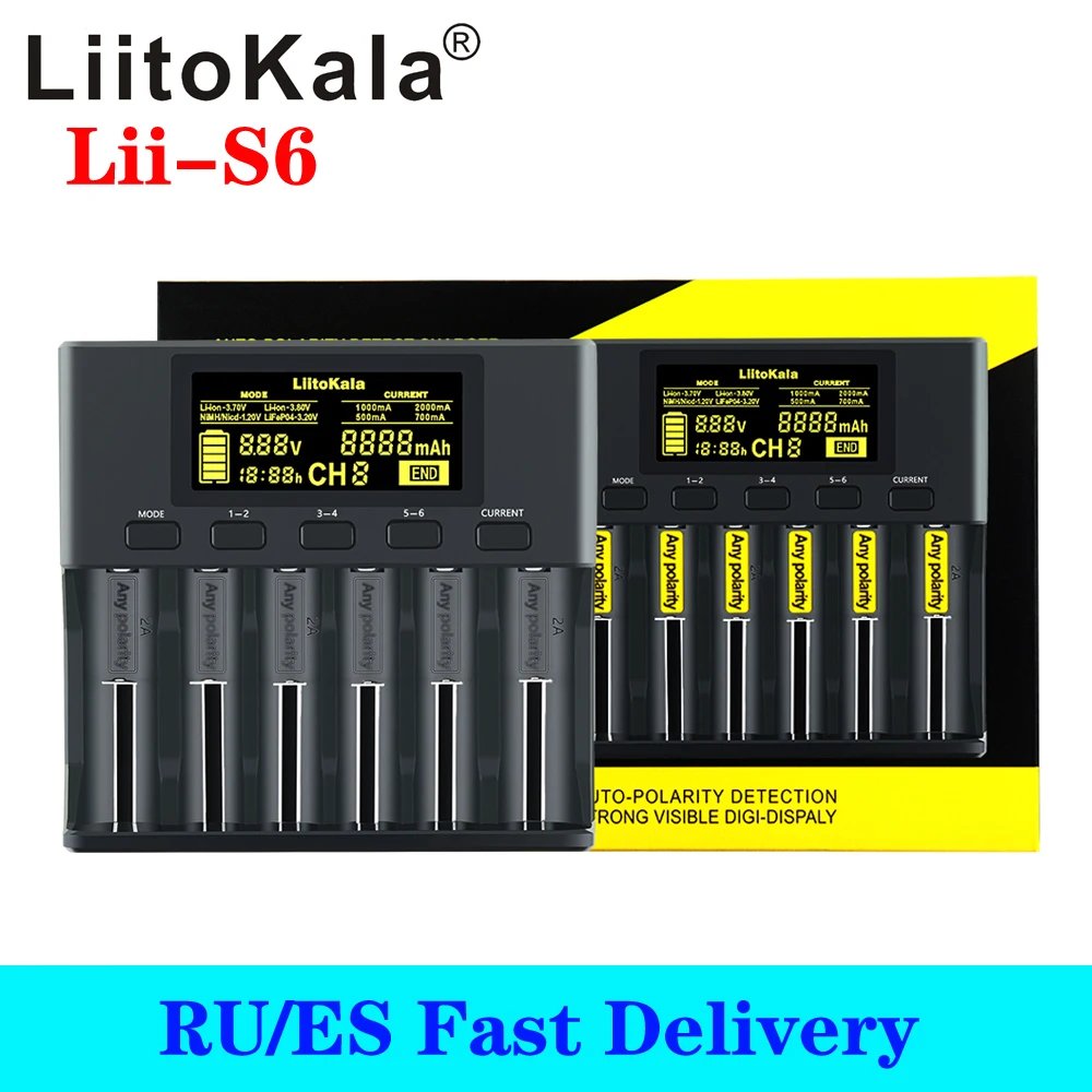

LiitoKala Lii-S6 Battery charger 18650 Charger 6-Slot Auto-Polarity Detect For 18650 26650 21700 32650 AA AAA batteries