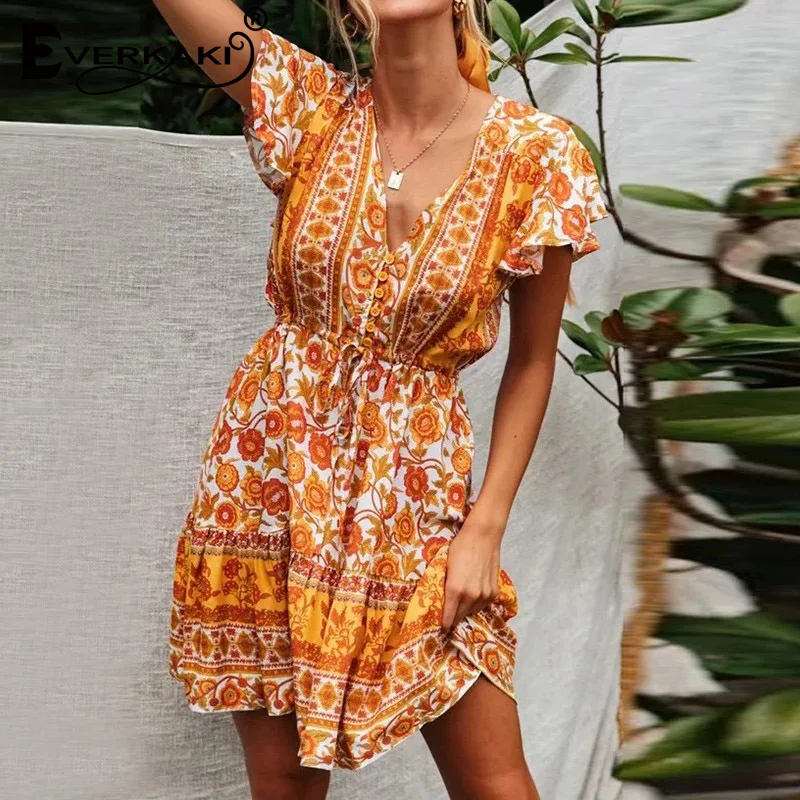 

Everkaki Boho Mini Dress Women Floral Print Summer Vestido Adjustable Sashes Casual Ladies Vintage Short Dresses Female 2019 New