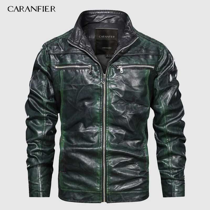 CARANFIER мужские кожаные куртки новые осенние кожаные пальто повседневная мотоциклетная куртка Мужские байкерские куртки американский размер дропшиппинг - Цвет: 2915C Green