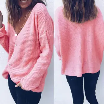 

Autumn Winter Lady Casual Solid Color Button V Neck Long Sleeve Sweater Cardigan Knitted Fabric Polyester Casual Women's Sweater