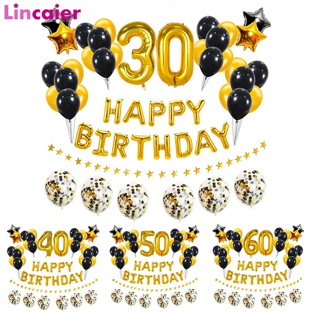 Decoration Anniversaire 30 ans Homme Femme, Ballon Anniversaire 30 ans Noir  et Or, Bannière Joyeux Anniversaire, Deco Ballon 30 ans pour 30 ans