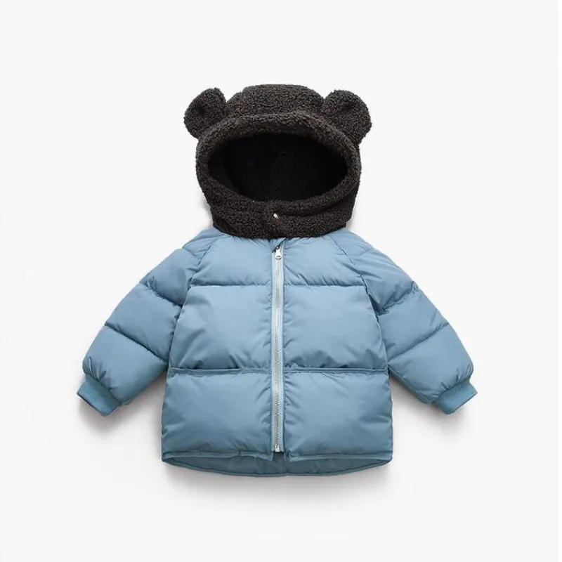 Новая куртка для маленьких мальчиков с рисунком медведя; детская зимняя теплая хлопковая куртка с капюшоном; детская повседневная верхняя одежда - Цвет: Синий
