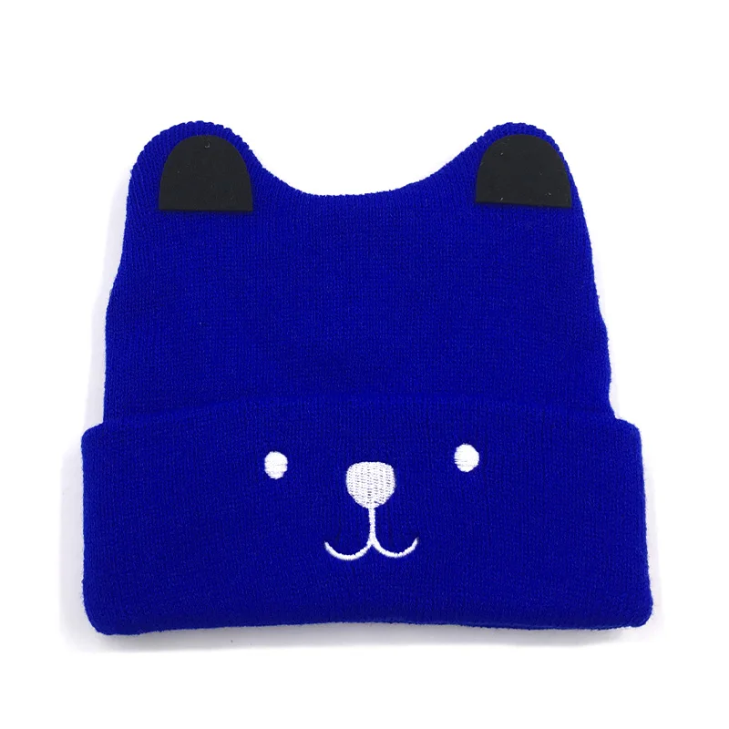 Cute toddler girl boy hat baby winter warm crochet embroidery hat cartoon cat ears pattern beanie ski cap - Цвет: Синий