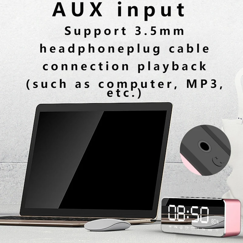 Portable MP3 Player Mirror Led Stereo Speakers Bluetooth Speaker With FM Radio Time Alarm Clock(Silver