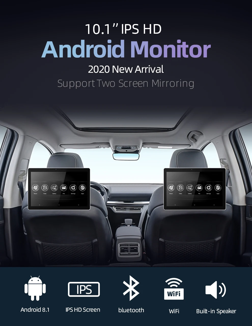 10.1 inch Android Car Headrest Monitor RAM 2GB 1080P video IPS Touch