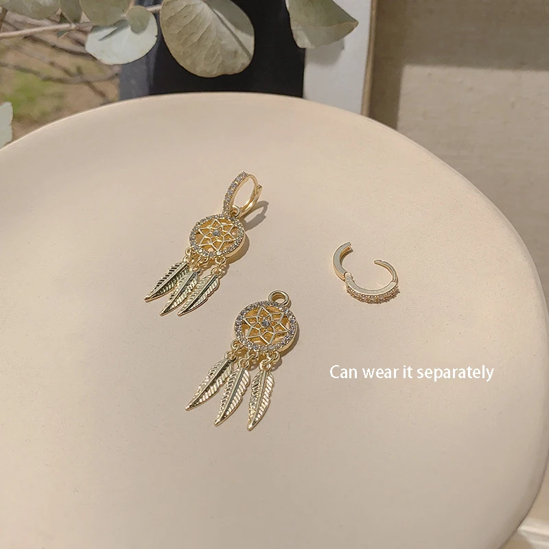 Fancy Hollow Dream Catcher Leaf Feather Shiny Crystals Drop Dangle Earrings For Women Party Jewelry Korean Hanging CZ Earrings
