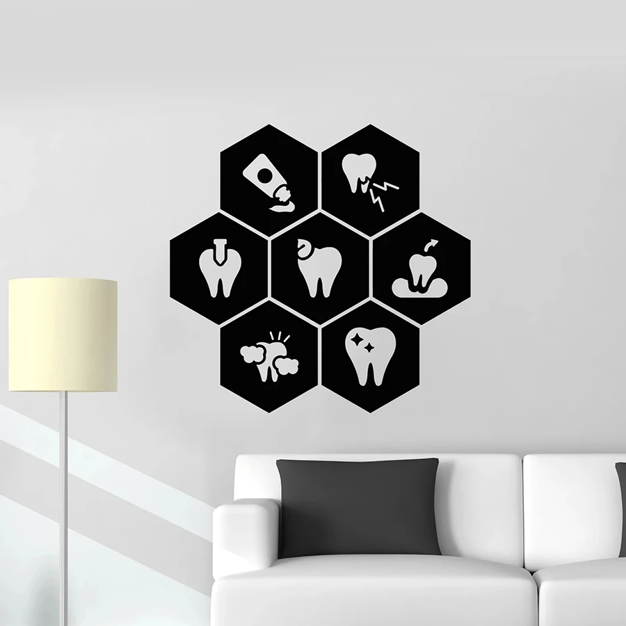 

Teeth Vinyl Wall Sticker Dentist Clinic Healthy Toothpaste Dental Care Wall Decal Window Decoration Honeycomb Art Mural Decor