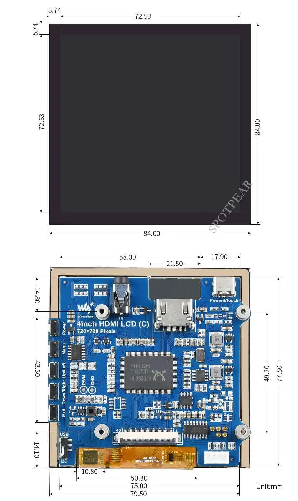 Polegadas, HDMI, 720x720 IPS, também para Outro Mini Computador