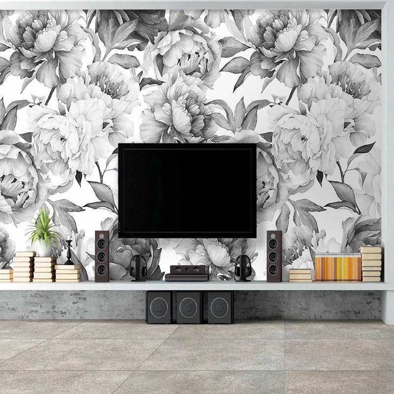 Personalizado 3d Peony Flor Mural Papel de Parede Pintura Fresco Sala de Estar Sofá tv Fundo Parede Home Decor Adesivo Preto e Branco
