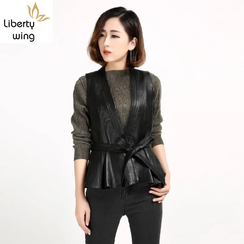 

Spring New Sheepskin Real Vest Slim Waist Genuine Leather Fashion Short Sashes Bow Ruched Sleeves Solid Black Jackets