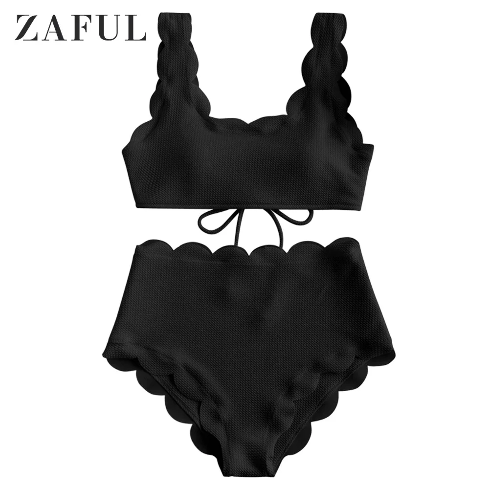 Комплект бикини на бретелях с зубчатой текстурой ZAFUL - Цвет: Black