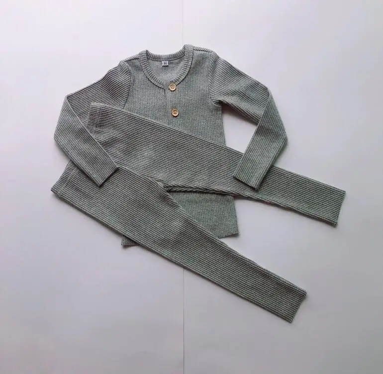 Одежда для маленьких мальчиков и девочек, Детский комплект в рубчик с длинными рукавами, детская осенне-зимняя одежда, пижамные комплекты, штаны комплект из 2 предметов для малышей - Цвет: Grey
