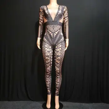 

Women's Black Printing Deep V Neck Long Sleeves Bodycon Performance Jumpsuits Sexy Female Pole Dancing Crystals Stage Outfits