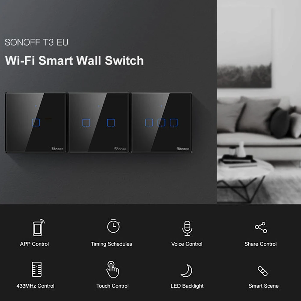 SONOFF T3 TX SmartSwitch Wifi настенный сенсорный переключатель с бордюром дома 433 пульт дистанционного управления RF/голосовой/APP/сенсорное управление работа с Alexa EU