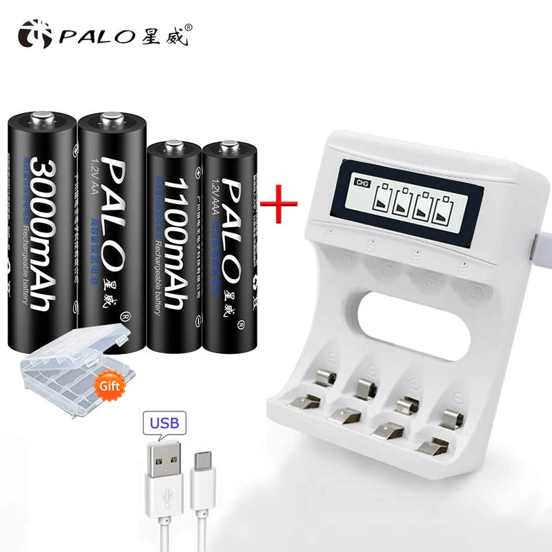 PALO интеллектуальное ЖК-зарядное устройство USB для никель-кадмиевых никель-металл-гидридных аккумуляторов AA AAA+ 2 батарейки AA+ 2 батарейки AAA