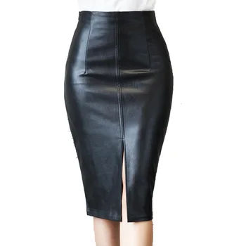 

Spring Summer OL Elegant Pencil Midi Skirt Woman High Waist Black PU Leather Split Sheath Wrap Skirt Knee Length Plus Size Skirt