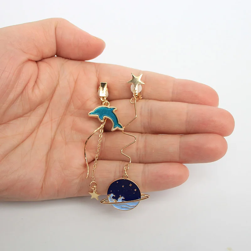 Серьги планета на клипсах небесные животные Новинка Длинные асимметричные Клипсы Серьги без отверстий дамские Висячие аксессуары для женщин