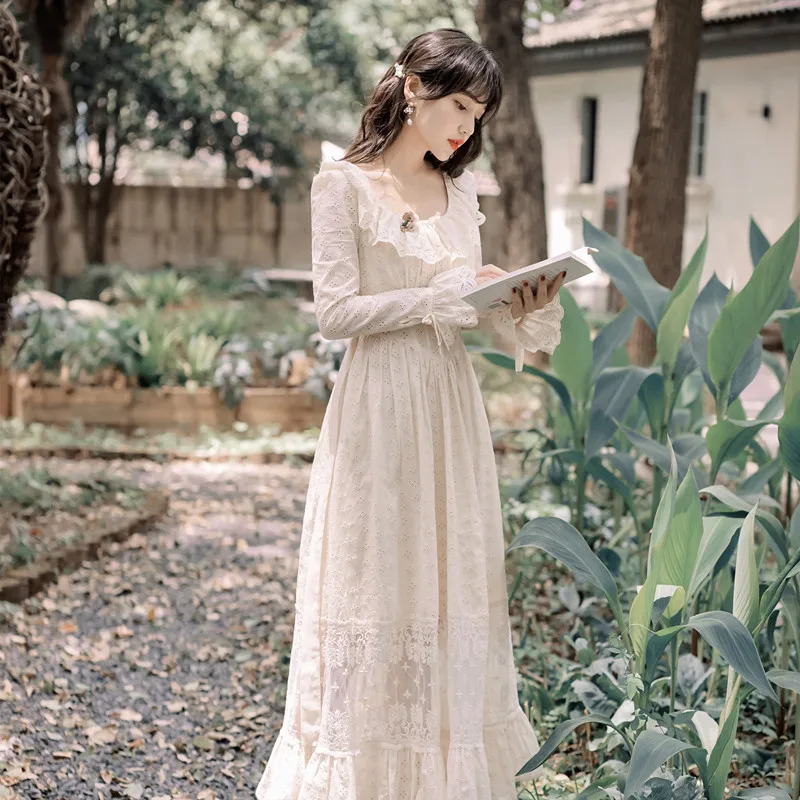 

Autumn Clothing 2019 New Style French Retro Waist Hugging Graceful Fairy Normcore Style Wisdom Kaoru Mori Girl Big Hemline Dress