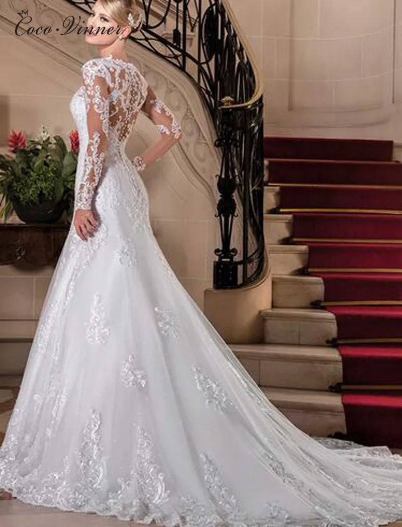 Sexy Illusion Back Long sleeve Lace Mermaid Wedding Dress 2022 Europe New Pearls Beading Appliques White Wedding Dresses W0149 bridal shower dress