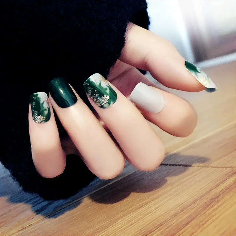 

Dark green stone pattern fake nail with glue square nails set full coverage short