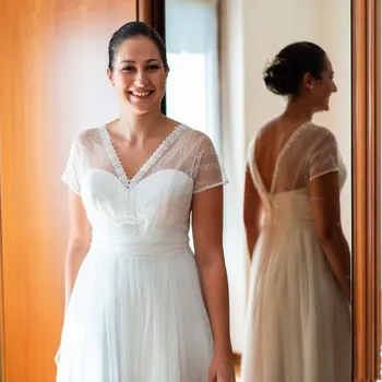 

V-Neck Short Sleeve Lace Boho Zipper Long Train Sheath Wedding Dress 2020 vestidos de novia