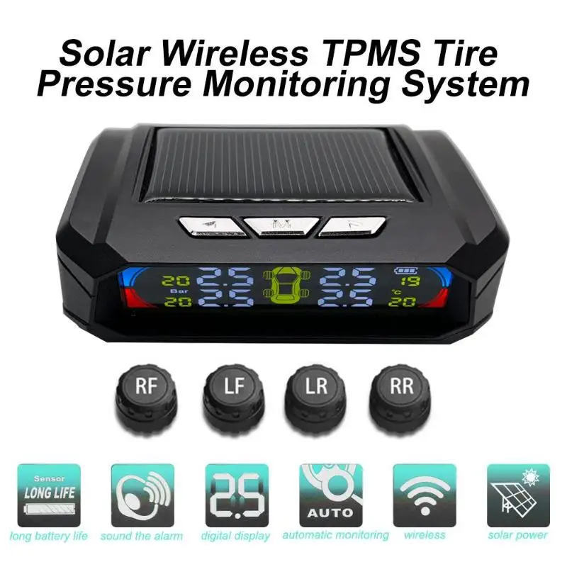 Автомобильная система контроля давления в шинах TPMS, AN-06A, солнечный ЖК-дисплей с 4 датчиками, стабильный сигнал, сигнализация большого объема, звуковое оповещение