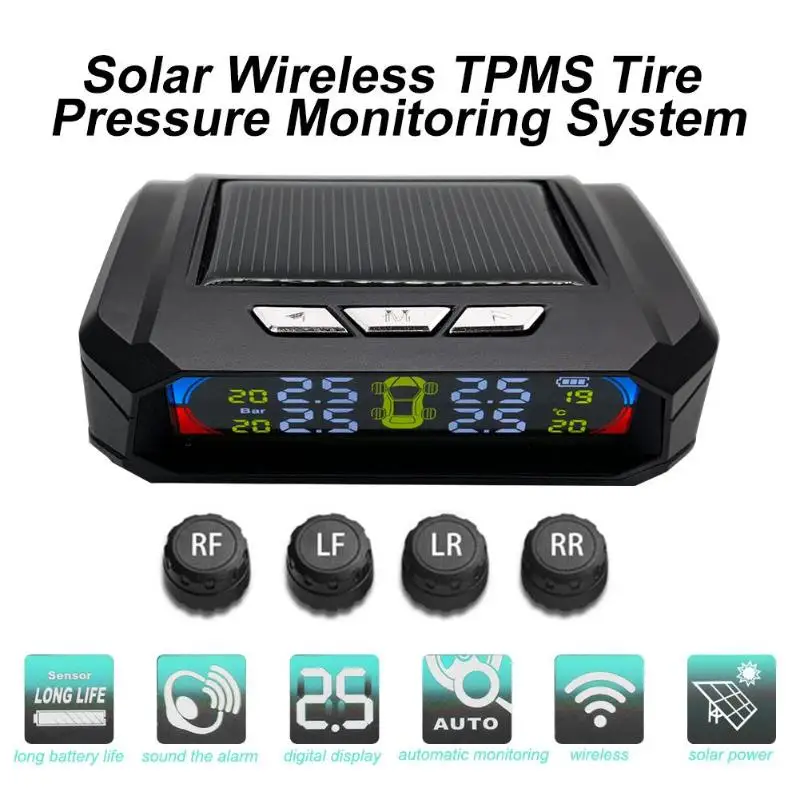 

Car TPMS Tire Pressure Monitoring System AN-06A Solar LCD Display with 4 Sensors Stable Signal Large Volume Alarm Sound Alert