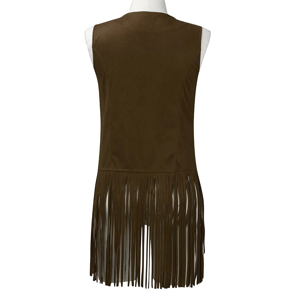 Women Autumn Winter Suede Ethnic Sleeveless Tassels Fringed Vest Cardigan