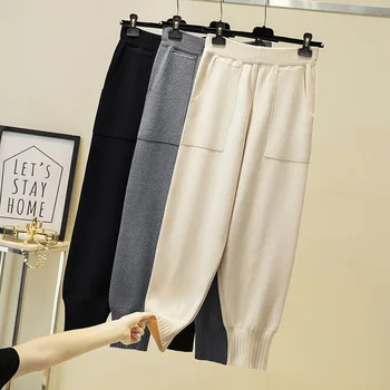 

2020 Autumn and Winter Korean Loose Casual Pants Loose Pants womens Baggy Pockets Pants Knitted Wool Warm Pants Women's Fashion