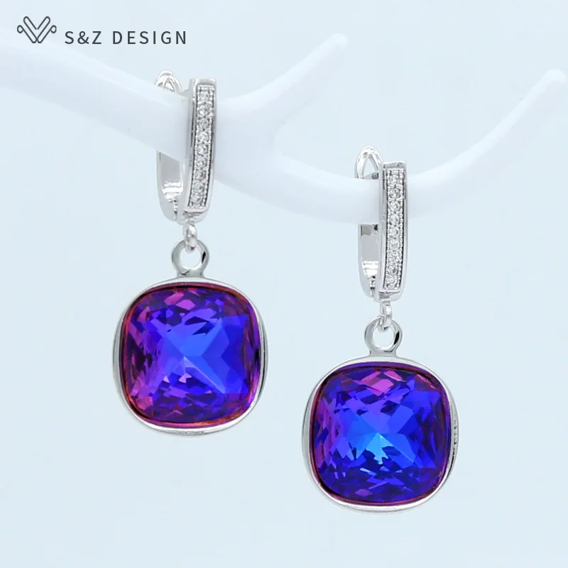 S&Z DESIGN Korean Fashion Elegant Colorful Square Crystal Dangle Earrings For Women Wedding Jewelry Gift 585 Rose Gold Eardrop