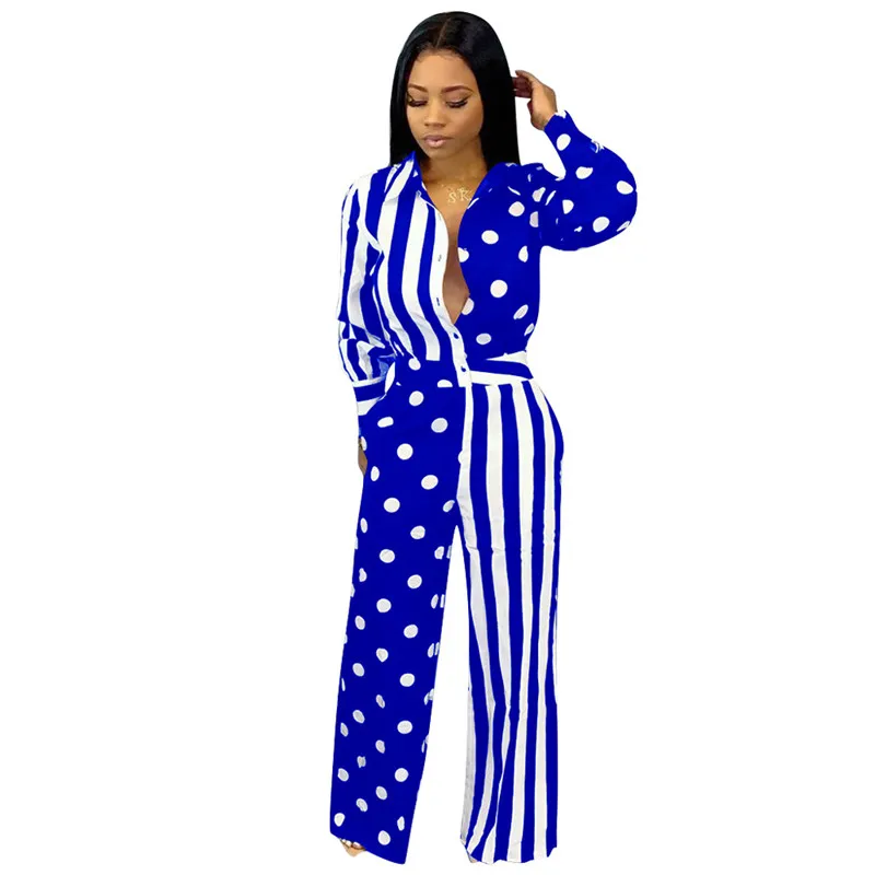 Adogirl Polka Dots Print Stripe Patchwork Loose Jumpsuit Long Sleeve Shirt Top Wide Leg Pants Casual Romper Office Lady Overalls Adogirl Polka Dots Print Stripe Patchwork Loose Jumpsuit Long Sleeve Shirt Top Wide Leg Pants Casual Romper Office Lady Overalls