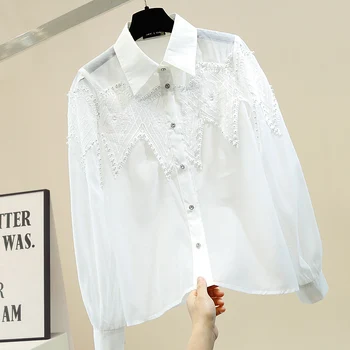 

Beaded Blouse Woman Lace Panel Lapel Perspective Shirt Women's Sexy Blouses Top Blusa Feminina Bluas Mujer 2020 Spring