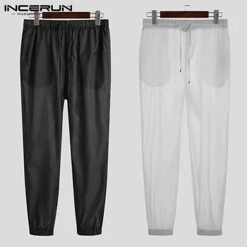 

INCERUN Fashion See Through Pants Men Joggers Vacation Solid Loose Sexy Transparent Beach Pants Breathable Summer Trousers Men