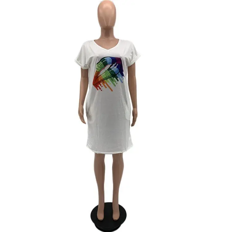 White HAOYUAN радуга губы печати Сексуальная футболка платье для женщин Vestidos с карманами короткий рукав более размер d Повседневная Свободная плюс размер платья - Цвет: White