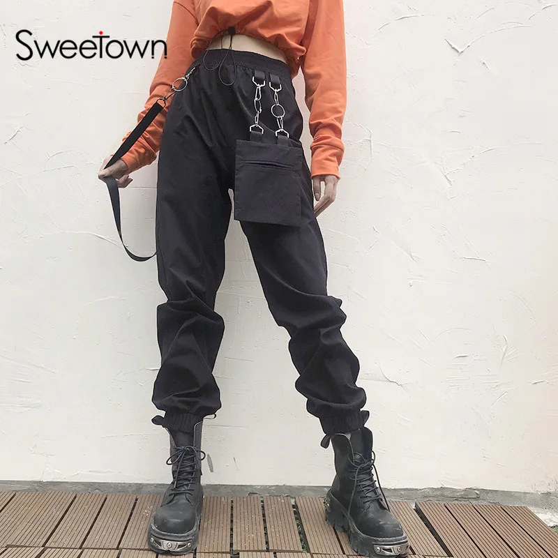 Sweetown, панк, готика, уличная одежда, брюки-карго, женские, металлические цепочки, карманы, пэчворк, повседневные, высокая талия, мешковатые штаны-шаровары, хип-хоп