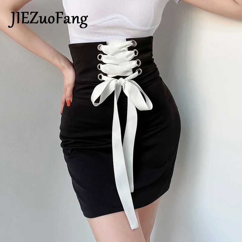 

JIEZuoFang High Waist Black Short Skirt Chic Skirt For Women White Shoelace Summer Punk Gothic Style Mini Pencil Skirts 2020