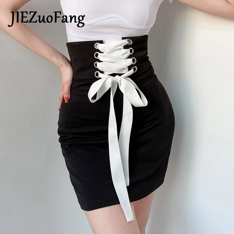 JIEZuoFang High Waist Black Short Skirt Chic Skirt For Women White