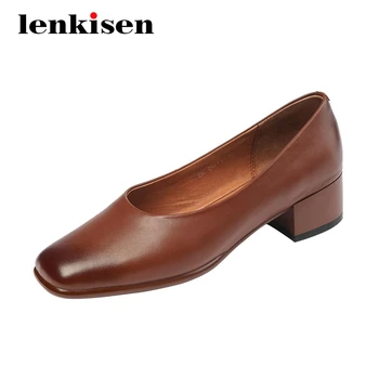 

Lenkisen 2020 autumn new shoes natural leather european design square toe thick med heels slip on pretty girls women pumps L52