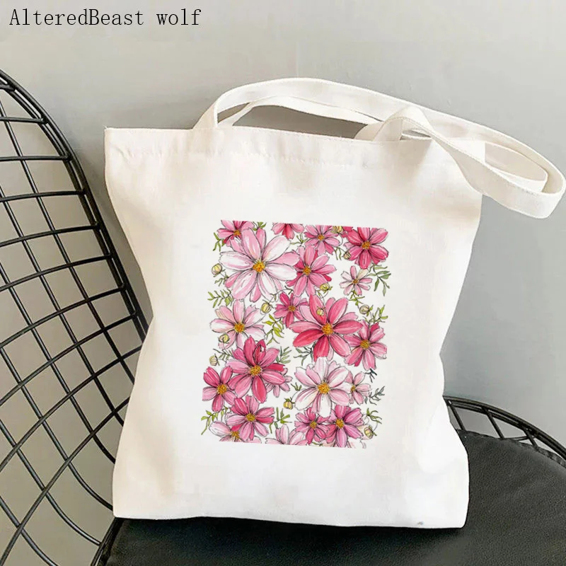 Women Shopper bag little purple daisy watercolor cosmos flowers Bag Harajuku Canvas Shopper girl handbag Tote Shoulder Lady Bag
