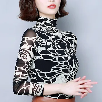 

New Fashion Autumn Women Broadcloth Print Long Sleeve Mesh Shirts Turtleneck Lady Plus Size Slim Fit Clothing Blusas