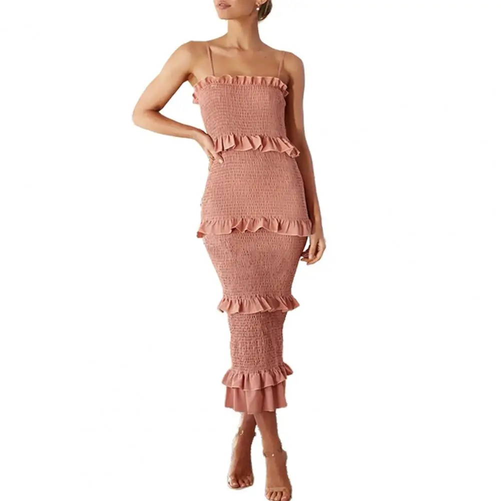 Vestido de chiffon con tirantes finos y volantes de alto y bajo Rosa Claro
