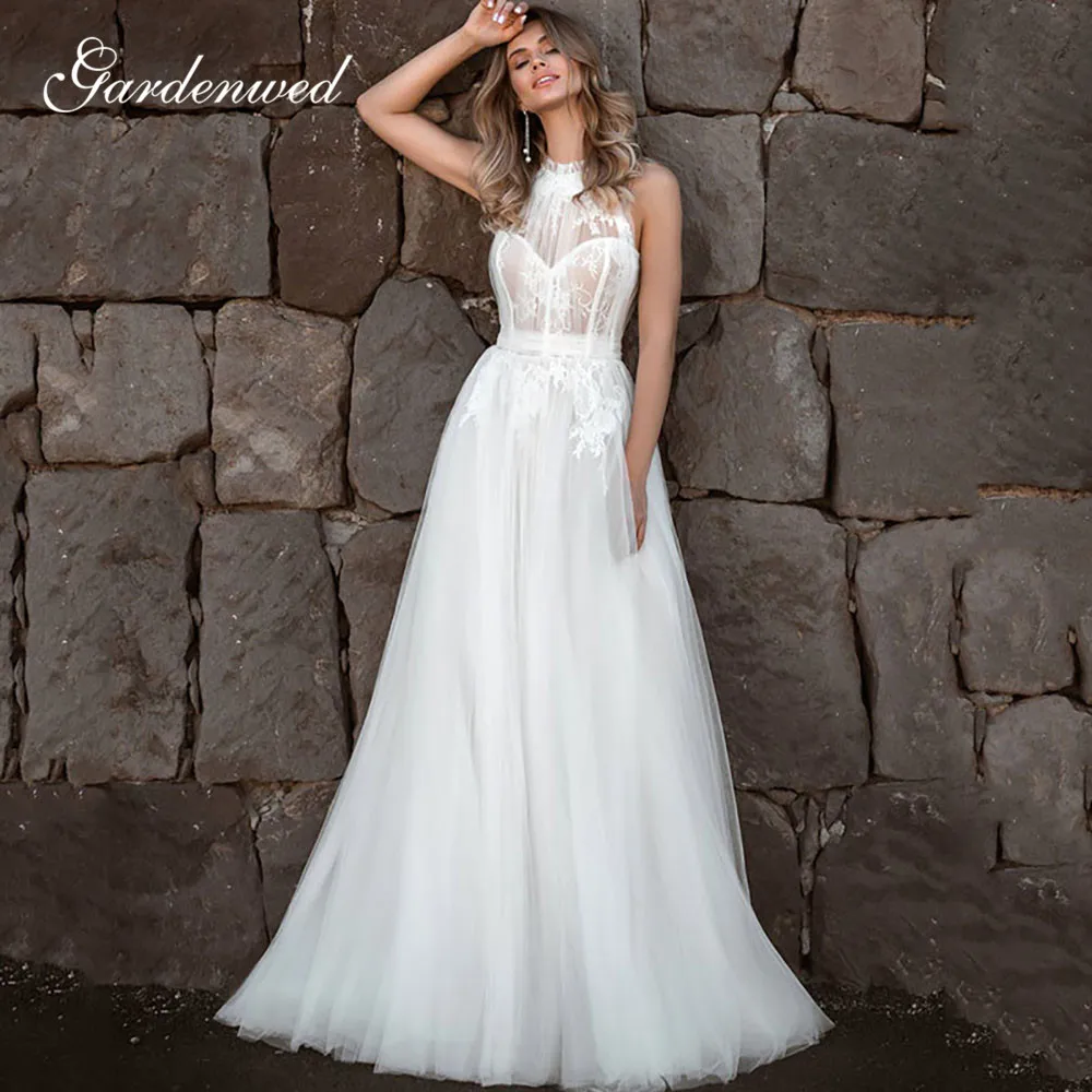 

Элегантное кружевное свадебное платье гарденда цвета слоновой кости 2020 иллюзионное декольте без рукавов ТРАПЕЦИЕВИДНОЕ платье для невесты