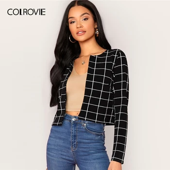 

COLROVIE Black Open Front Grid Blazer Women 2019 Autumn Ladies Crop Outerwear Casual Round Neck Casual Blazers