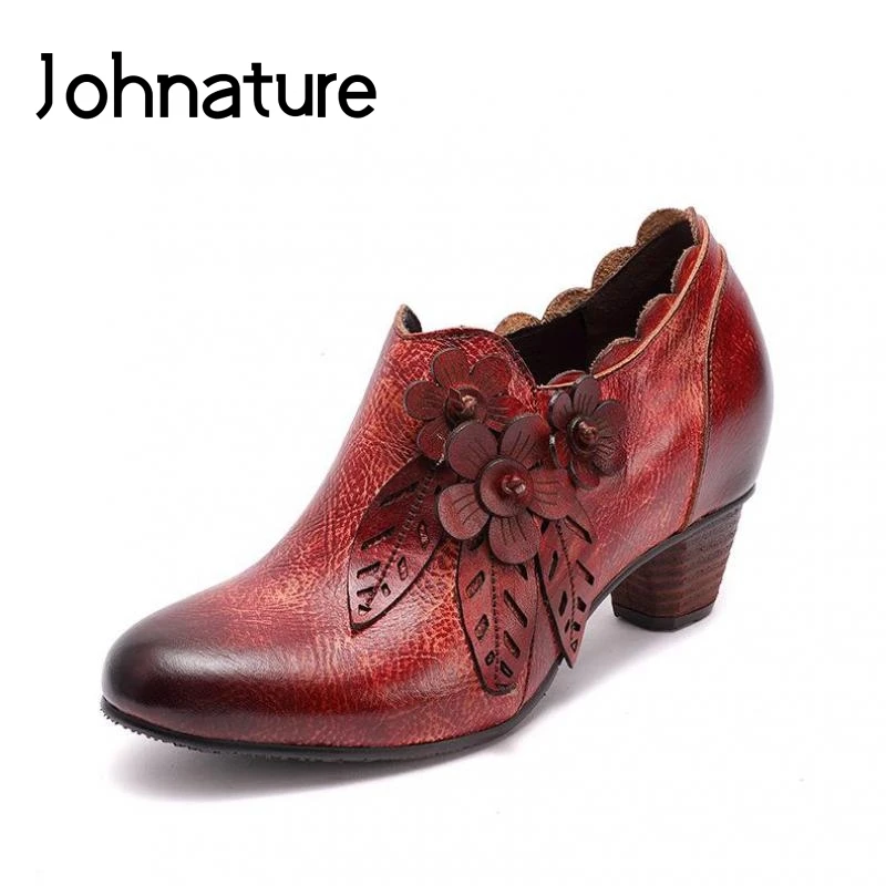 Women Pumps Shoes Genuine Leather Pumps Women Shoes Autumn Zip Retro Casual Round Toe Flower Handmade