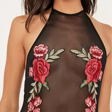 New High Quality Embroidery Floral Neck Sexy Bodysuit Black Backless Strap Women Bodysuit Sleeveless Summer Short Elegant