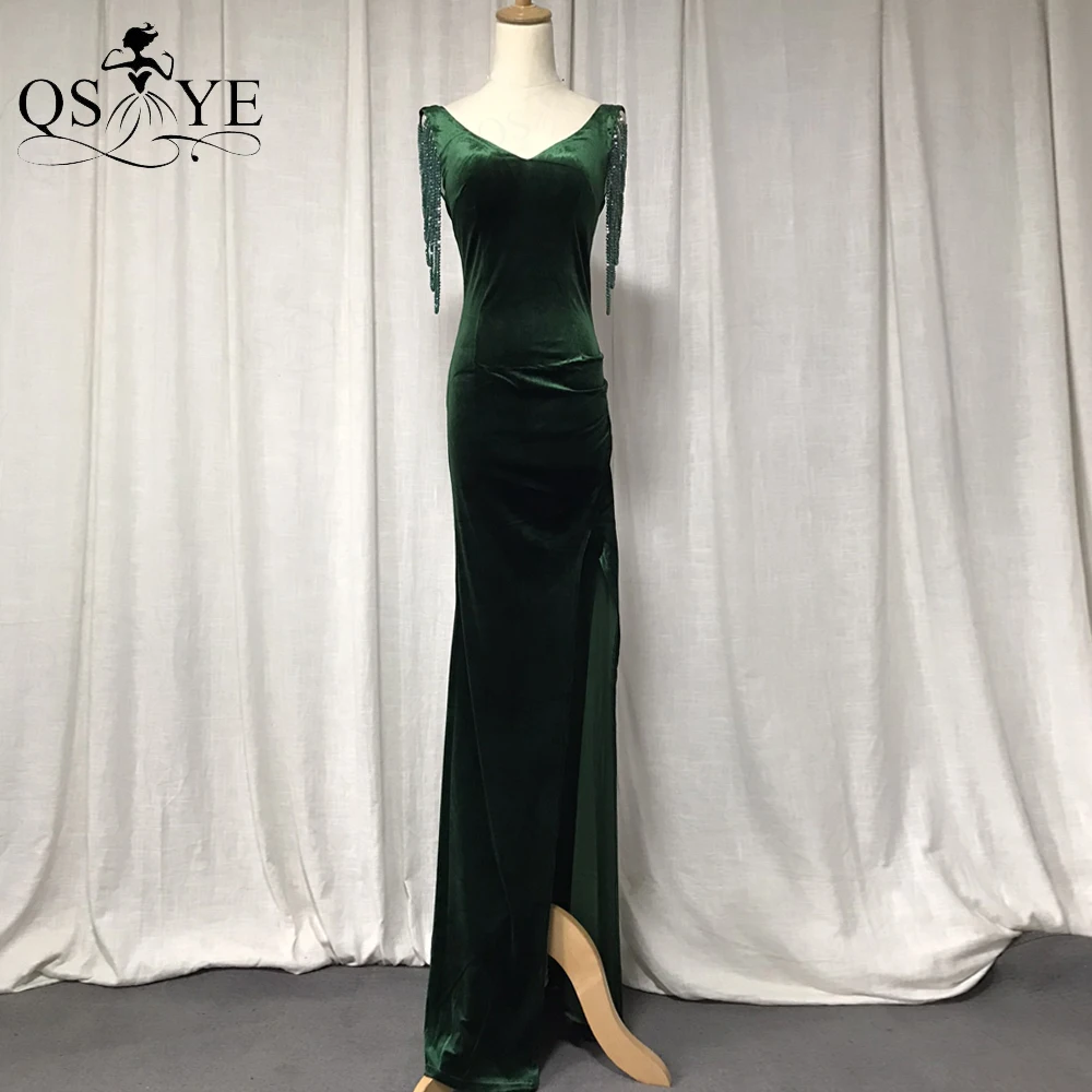 

Sexy Split Green Evening Dress Beading Straps Party Dress Long V Neck Back Formal Gown Dropping Bead Emerald Velvet Prom Dress